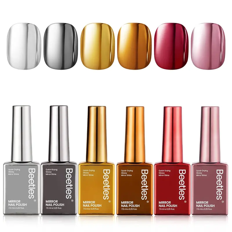 Beetles 6-Color Metallic Muse Nail Polish Set, 6x7.5ml Liquid Bottles, Quick-Dry Cosmetic with Mirror Glossy Finish, Flawless Coverage for Chrome Nails Inspo, Manicure Gift Set, Beauty Products
