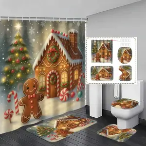 1/4 pcs gingerbread and candy cane shower curtain set, festive design, non-slip floor mat, U-shaped rug, toilet seat cover, perfect for bathroom decoration, partition, beautify the space, 12 shower curtain hooks included