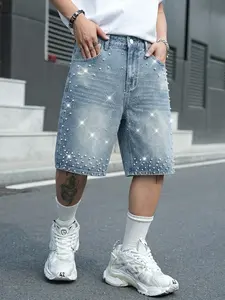 Men's Rhinestone Jeans Five-Pocket Pants, American High Street Style Washed Blue Loose Straight Leg Mid-Length Shorts, Retro Vintage Trendy Summer Bottoms