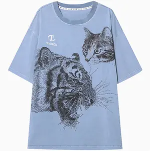 TCH—Light Luxury，Unisex Outfit, New Arrival Rhinestone Design Cat &  Tiger Blue T Shirt