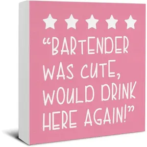 Funny Bartender Gifts for Women - Would Drink Here Again Sign - Bar Cart Decor - Bartender Was Cute Would Drink Here Again Wooden Sign Home Kitchen Bar Decor - Novelty Decor - 5×5 Inches