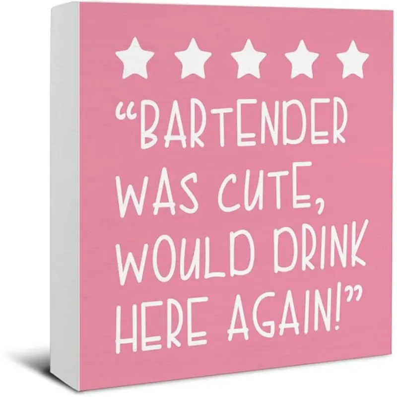 Funny Bartender Gifts for Women - Would Drink Here Again Sign - Bar Cart Decor - Bar Signs - Bartender Was Cute Would Drink Here Again Wooden Sign Home Kitchen Bar Decor - Novelty Decor - 5×5 Inches