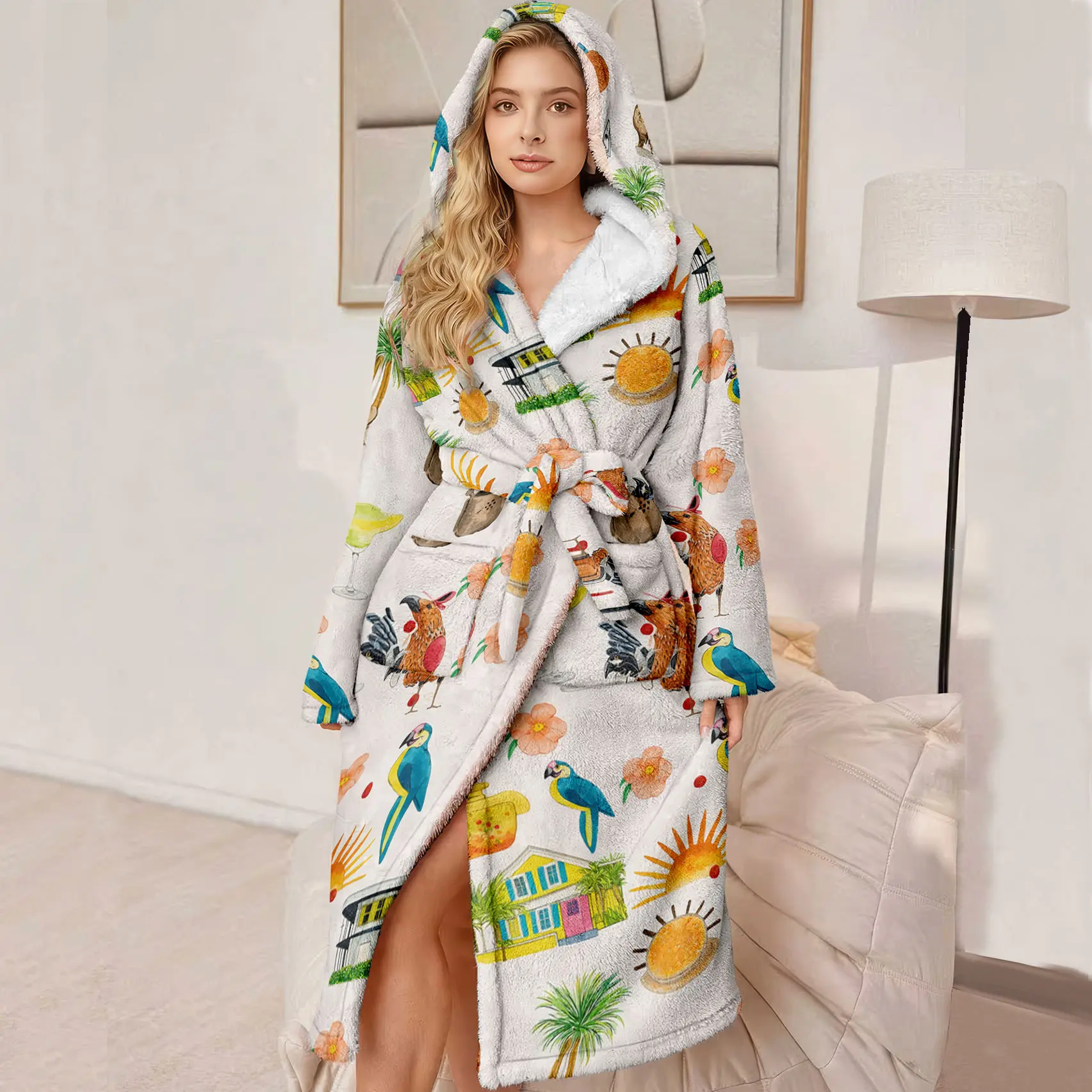 Plus Size Women's Hooded Luxury Bathrobe, Ultra Comfortable Plush Robe with Belt and Pockets, Warm Tropical Pattern, Winter Gift