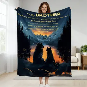 To My Brother Blanket 270G Flannel Fleece Throw with Starry Mountain Wolf Design Heartwarming Brother Quote Gift for Birthday Christmas Thanksgiving Brother Appreciation Present Soft Cozy Warm Home De