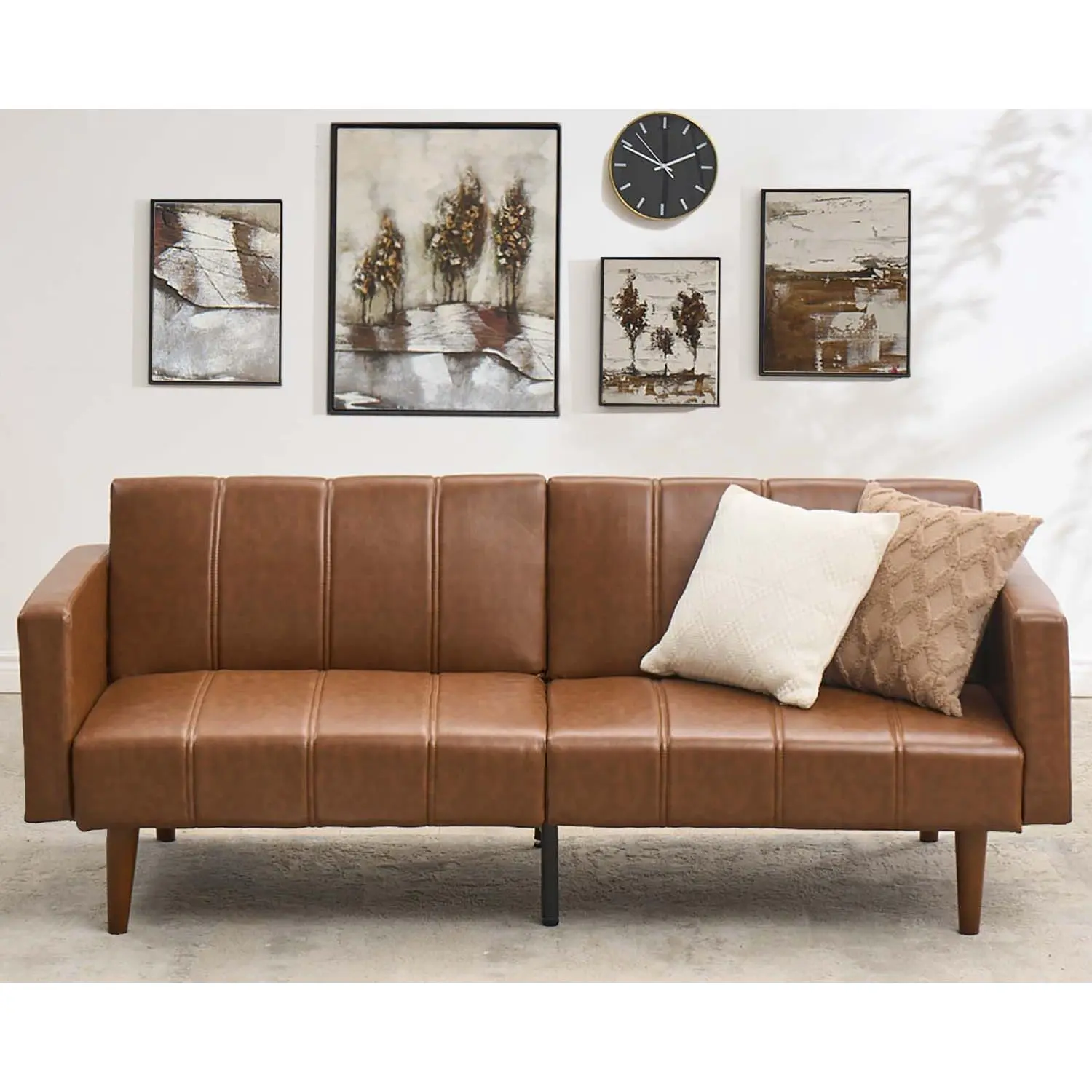 75" Futon Sofa Bed, Mid-Century Modern Futon Couch, Convertible Sleeper Sofa with Adjustable Backrest, Loveseat, Small Sofa with Side Pockets, PU Leather Sofa Couch for Living Room, Brown