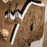 Women's Leopard Heart Cherry Print Comfortable Fitted Elegant Bralette Long Pants Underwear Lingerie Set, Casual Fashion Chic Set Underwear Sets for All Seasons Wear Clothing