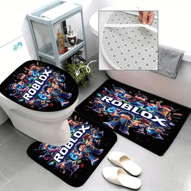Roblox Game Theme Bathroom Four Piece Set, Character Print Shower Curtain, Player Exclusive Bath Mat, Toilet Pad, U-Shaped Pad, Elegant Bathroom Decor