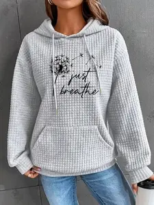 Women's Dandelion Print Waffle Knit Hoodie, Casual Streetwear Sweatshirt Long Sleeve Hooded Pullover for Fall & Winter, Women's Clothes for Daily Wear, Sweatshirts