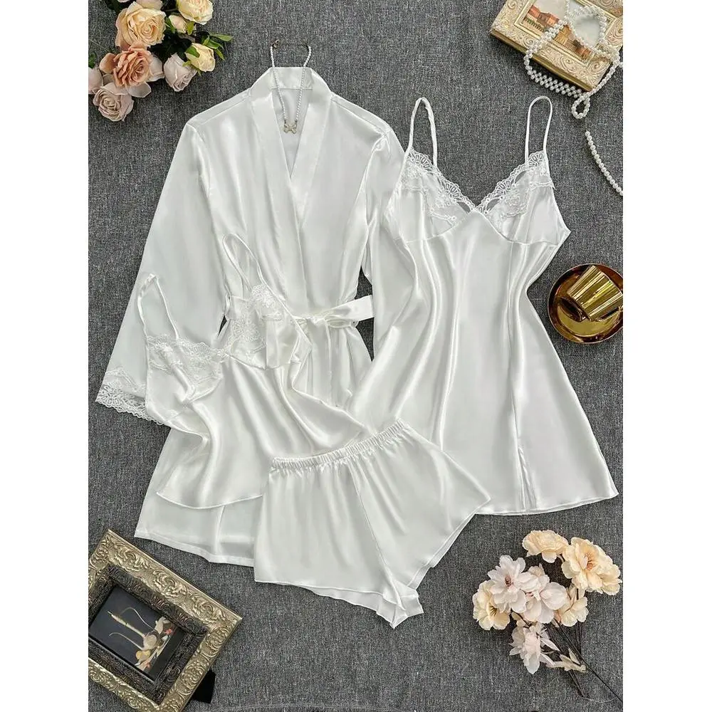 4pcs Pajama Set: Embroidered V-Neck Satin Slip Dress And Camisole Top & Shorts And Bath Robe Bridal Lingerie Set, Fall Winter Clothes