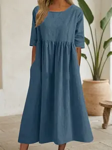 2026 Women's Summer Cotton Linen Loose Midi Dress - Casual Short Sleeve Round Neck Flowy Beach Vacation Dress with Pockets, Plus Size Vintage Style Party Wear