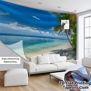 2D Flat, 2D Flat Tapestry - Tropical Beach Scene with Palm Trees & Ocean View, Polyester Wall Hanging for Living Room, Bedroom, Office Decor, Includes Mounting Accessories, Beach Theme Decor