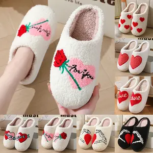 Women's Men's Cute Fuzzy Heart Slippers Memory Foam Fluffy Couple Slippers Cozy House Indoor Outdoor Shoes