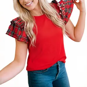Asvivid Women's Cozy Red Plaid Top with Faux Pearl Ruffles Short Sleeve Loose T Shirt Tops,Perfect Holiday Vibe Christmas Outfit