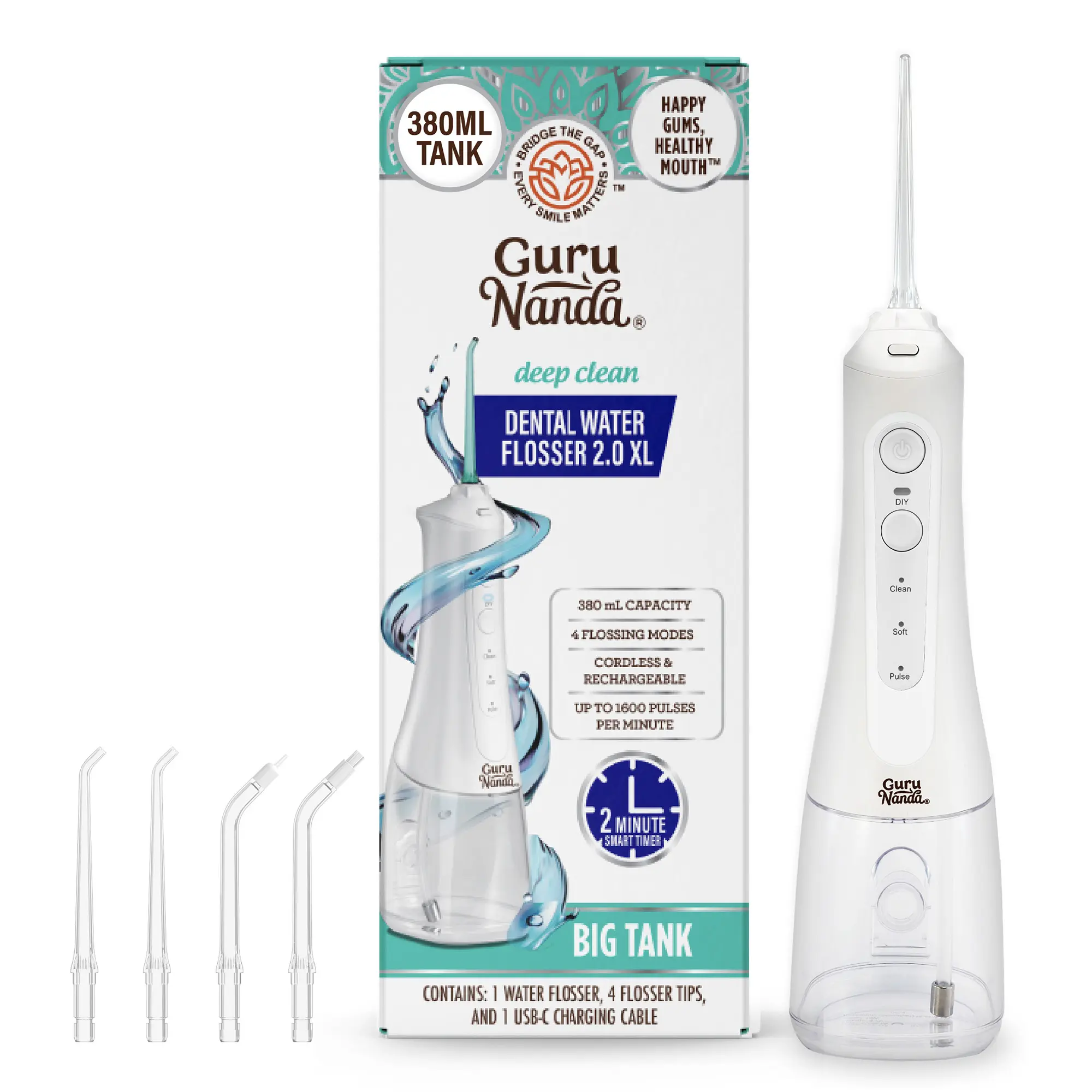 GuruNanda Water Dental Flosser 2.0 XL, 4 Flossing Modes, Cordless & Portable with Smart Timer for Deep Cleaning, 380 ml GuruNanda Water Dental Flosser 2.0 XL, 4 Flossing Modes, Cordless & Portable with Smart Timer for Deep Cleaning, 380 ml
