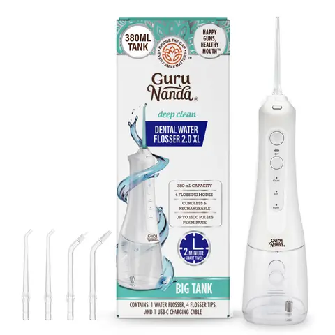 GuruNanda Water Dental Flosser 2.0 XL, 4 Flossing Modes, Cordless & Portable with Smart Timer for Deep Cleaning, 380 ml