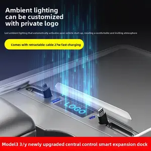 2 Type-C Tesla USB Hub for Model 3 & Model Y (2021-2024) – Multi-Port Fast Charger with Retractable Cable Docking Station(Not Fit Model 3 2024)