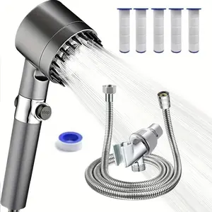 Filtered Shower Head with Handheld Spray, Adjustable Settings, 5 Filters, Wall-Mounted, Gray ABS Plastic, Includes Hose & Bracket for Easy Installation