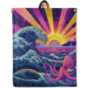Octopus Throw Blanket Soft Cozy Lightweight Flannel Blankets with Ocean Wave and Sunrise Vibrant Colorful Background Printed for Marine Lovers Bedroom Dorm Office Home Decor Gifts