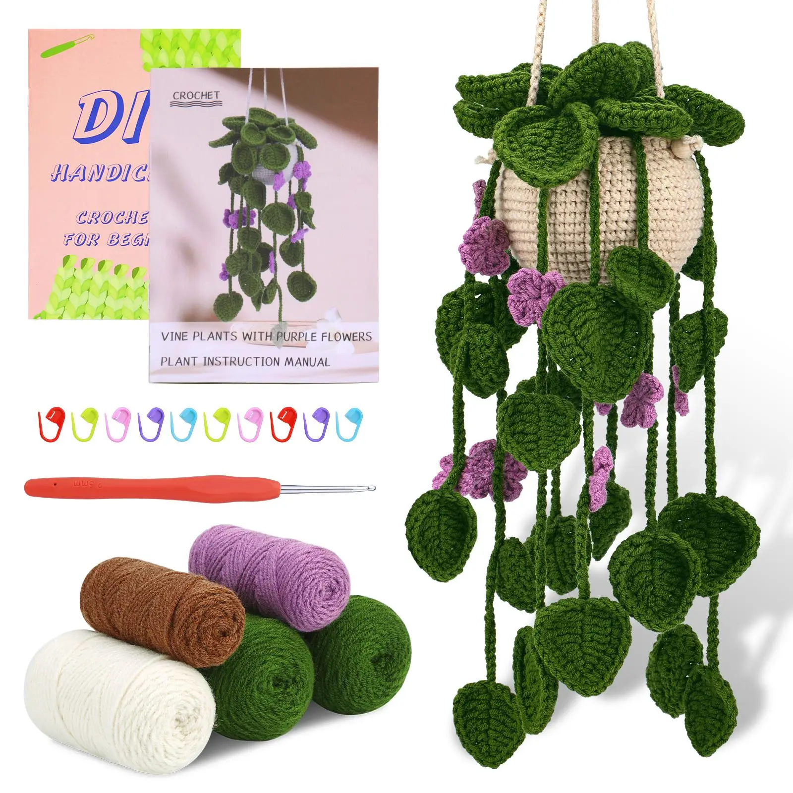 Crochet Kit, 1 Set Hanging Potted Plants Crochet Starter Kit with Step-by-step Video Tutorials Complete Crochet Kit (Purple Flower Plants, Handicraft
