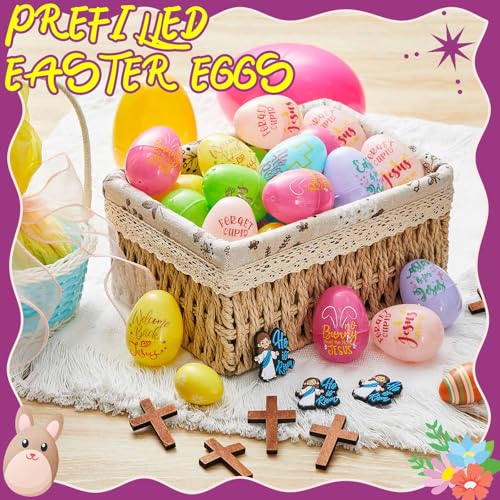 12set/24set/30set/36set/48set/50set/60set Prefilled Easter Eggs with Mini Jesus Figures for Easter Egg Hunt Basket Stuffers Fillers He Is Risen Easter Eggs Filled with Mini Jesus Figures for Boys Girls Outdoor Play Classroom Prize Easter Party Favors