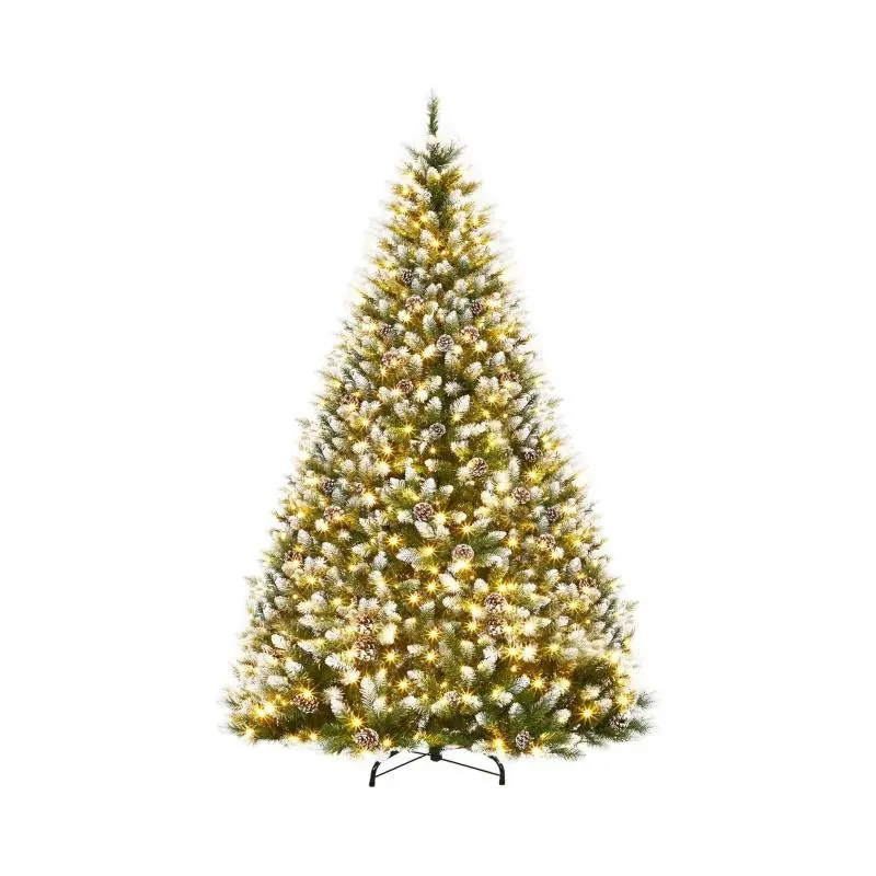 6 ft Decorative Fantasy Pre-Decorated Round Top Lighted Artificial Christmas Tree Set - Family Home Holiday Festive Decor, Flocked with Pinecones, 748 Sectional Branch Tips, 250 LED Lights, Long-Lasting, Easy Install, Metal Base