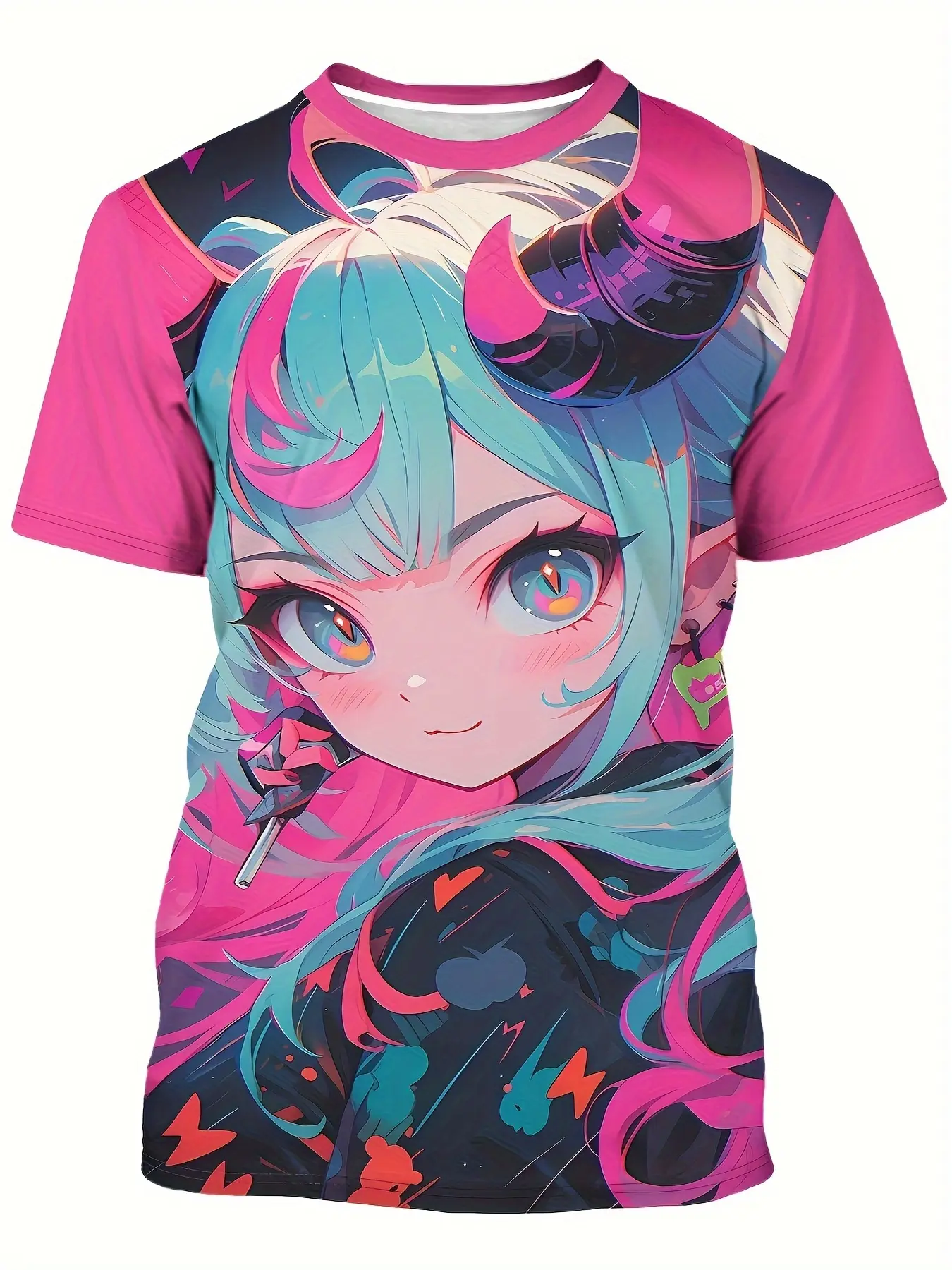 Men's and women's anime graphic Round neck T-shirts, Fitted, Casual, Japanese anime beauty, light blue and pink loli, glossy finish, breathable polyester blend, machine washable, summer fashion, bold print design