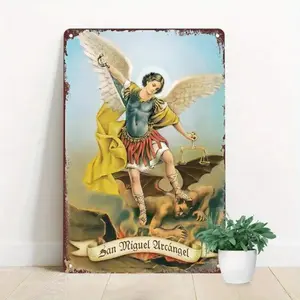1pc Vintage Metal Wall Art - Saint Michael Archangel Battling The Devil Scene, Waterproof Dustproof 30x20cm Religious Home Decor For Bedroom, Office - Symbol Of Good Over Evil Victory, High Quality Craftsmanship, Spiritual Decoration,