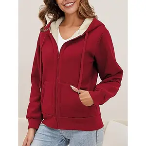 Women's wool lined hooded sweater zipper, winter warm hooded sweater, comfortable hooded wool jacket