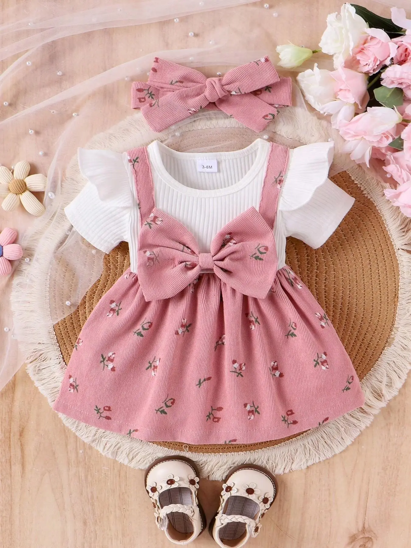 Cherry Baby Girl 2-Piece Set Flower Fake Two-Piece Ultra Large Bow Tie Sleeve Stripe Cute Dress with Matching Hairband Baby Girl Clothes