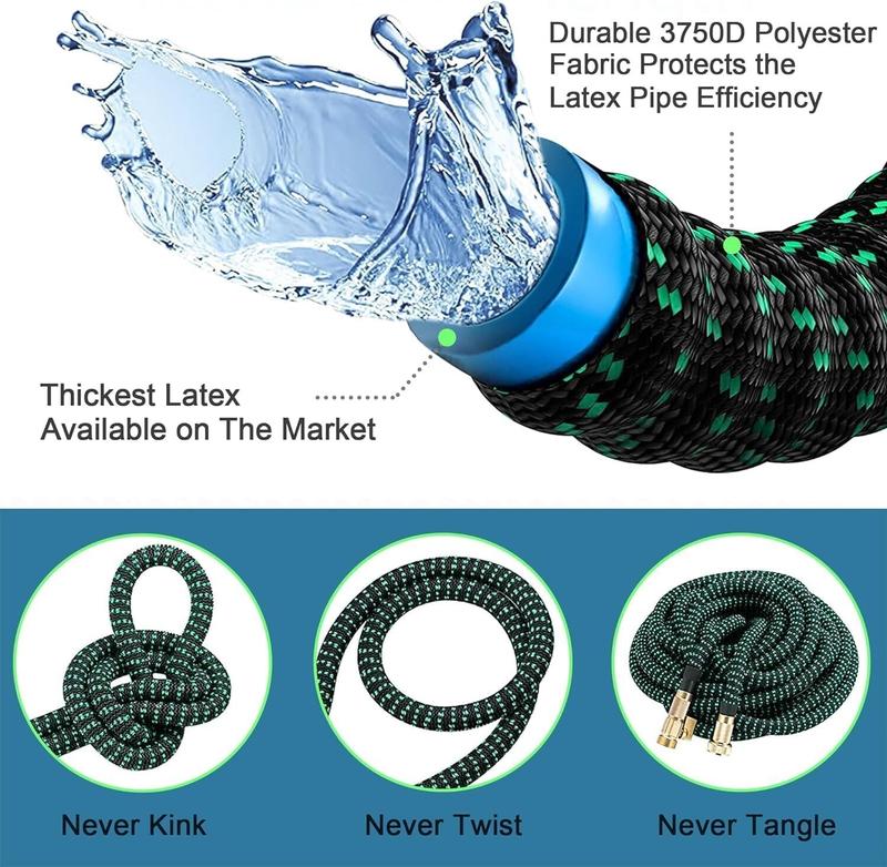 Flexible Garden Hose 75/100ft 3X Stronger Deluxe Expandable Green Polyester Fiber with 10 Functions Nozzle 3/4" Solid Brass Fittings Foldable for Outdoor Gardening Car Cleaning