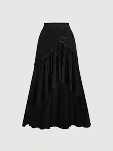 Asymmetrical Hem Wrap Tie Camel Bohemian Skirt, Women's Western, Stylish Elegant Hippie Dress, Ruffled Skirt for Vacation Wear