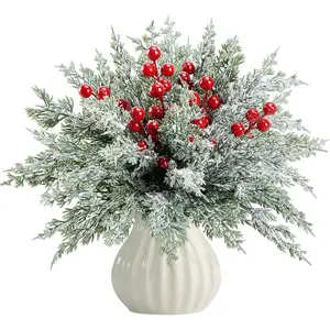 60 Pcs Artificial Christmas Snow Pine Branches with Red Berry Stems, Snowy Faux Greenery Norfolk Pine Cypress Leaves Stems, Berries White Frosted Fake Foliage Pine Needle Picks for Garland DIY Home Decor