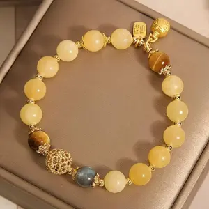 Vintage-Style Gold Beast Charm Citrine Bead Elegant Bracelet - Women's Fashion Accessory for Casual Wear & Gifting
