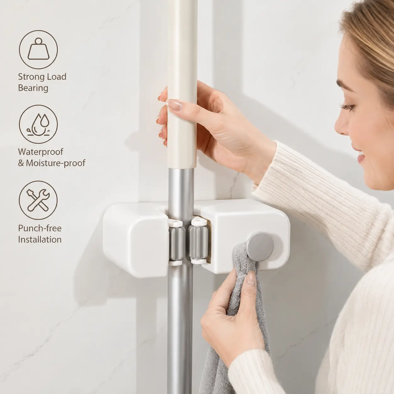 1 Piece Mop Holder, Wall Mounted Self Adhesive with Side Hook for Organizing Mops Brooms in Bathroom and Kitchen