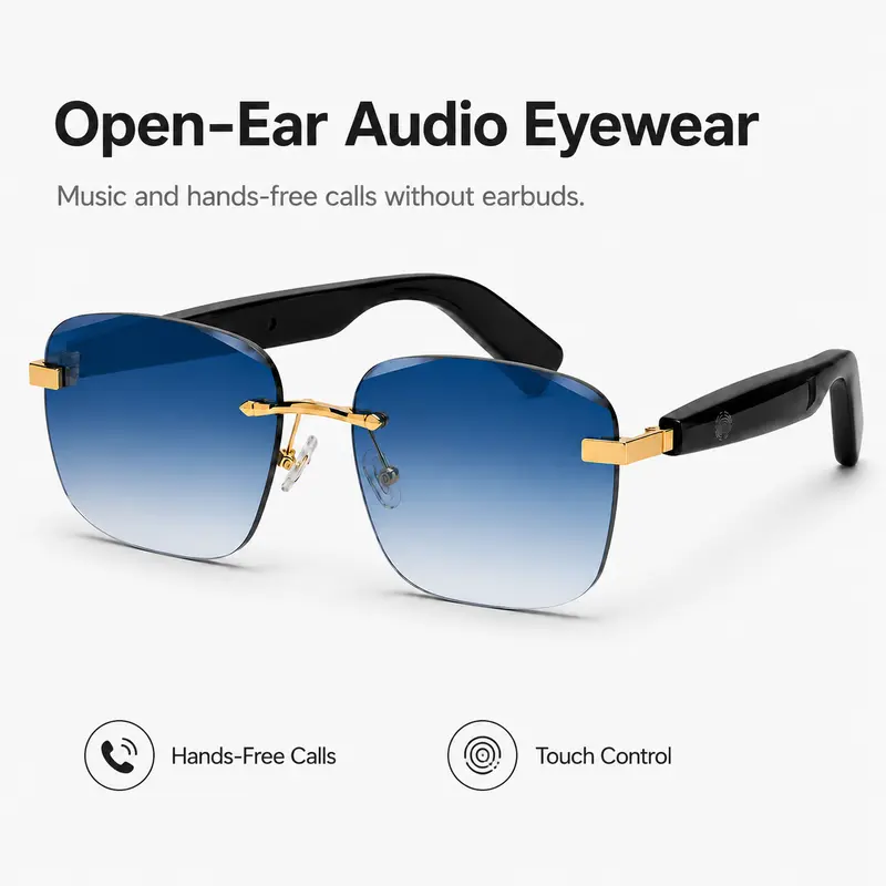 SG-25-Pro Wearable Smart Glasses - Modern Wireless Audio Unisex Open-Ear Bluetooth Sunglasses with BT Mic, Touch Control, Music Player, Sun Protection, Lightweight Fit, Charging Cable, Cells, Cleaning Cloth, Glasses Pouch