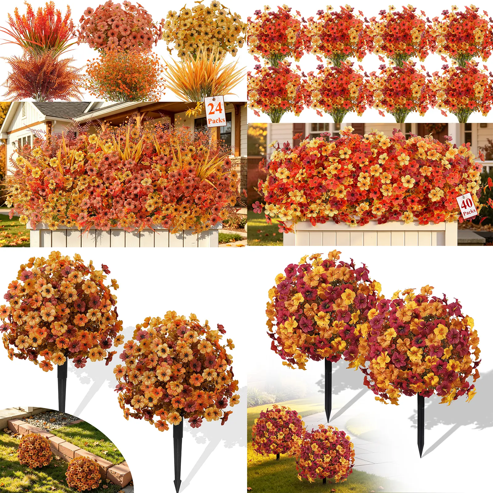 SHareconn UV-Resistant Faux Silk Asian Morning Glory Fake Fall Flowers & Brown Orange Decorative Fruit Ornaments, Flared Artificial Plants for Balcony, Bedroom Daily Home Decoration