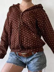 Women's Fashion Polka Dot Zipper Hoodie, Loose Fit Vintage Style Sportswear, Casual Hooded Sweatshirt for Daily Wear, Graphic Casual Hoodie