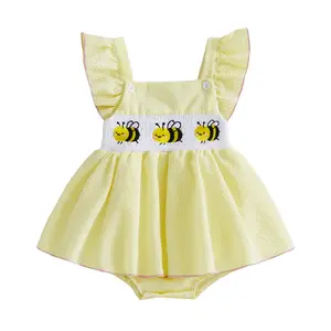 Baby Girl Summer Clothes Bee Embroidered Smocked Romper Dress Flutter Sleeve Newborn Skirted Jumpsuit Outfit