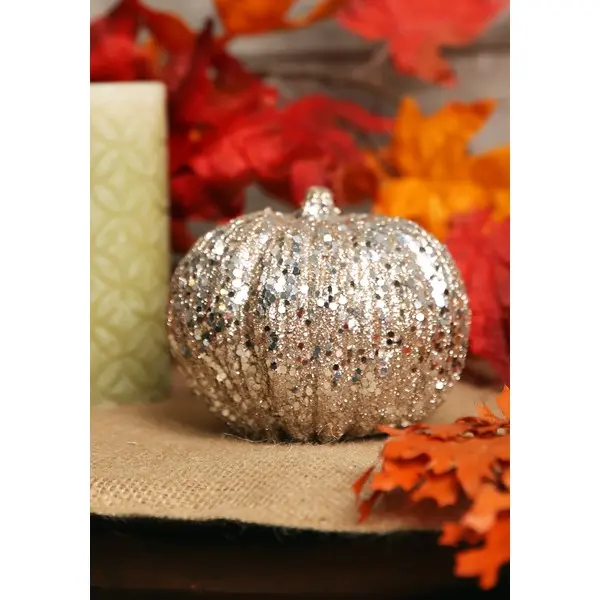 4.5 Inch Short Champagne Glitter Pumpkin Decoration