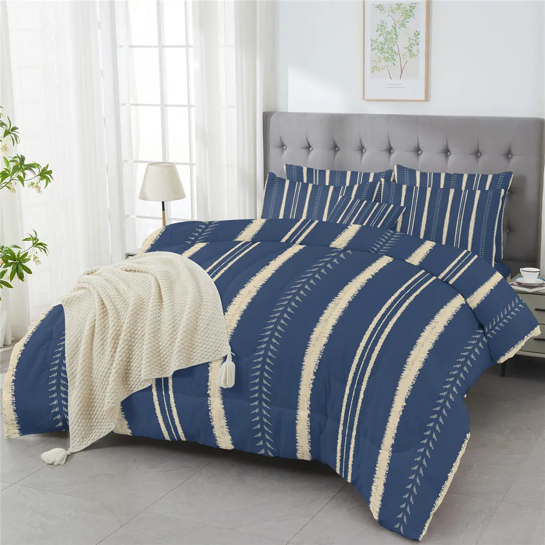 3 Piece Comforter Set Soft Navy Aztec StripeTartan Geometric Printed All Season Bedding Set For Room Decor With 1 Comforter And 2 Pillowcases