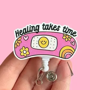 Healing Takes Time Nurse Badge Reel, Inspirational Badge Clip, Retractable Swivel ID Holder, 360 Rotation, Healthcare Worker Gift