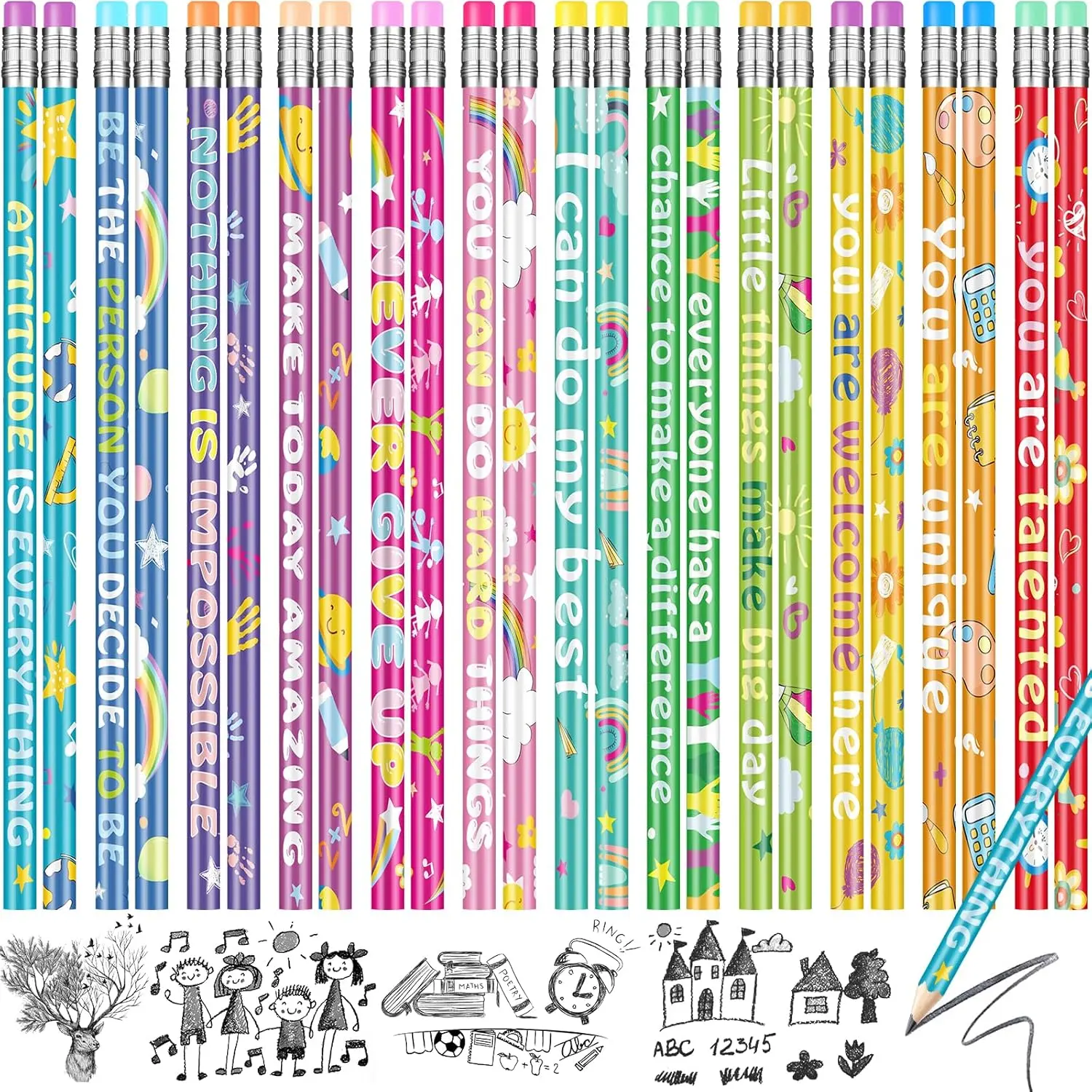 60 count Motivational Pencils Bulk, Rainbow Inspirational School Pencils for Classroom, Cute Pencil with Encourage Positive Sayings,  to School Supplies for  Student Teacher Classroom