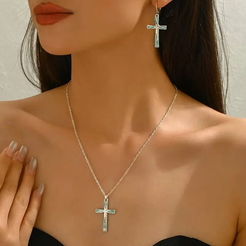 3pcs Retro Cross Earrings and Necklace Set, Natural Turquoise Women's Earrings with Stainless Steel Chain Cross Pendant Necklace, Fashionable Vintage Design, Suitable for Casual Attire and Music Festivals