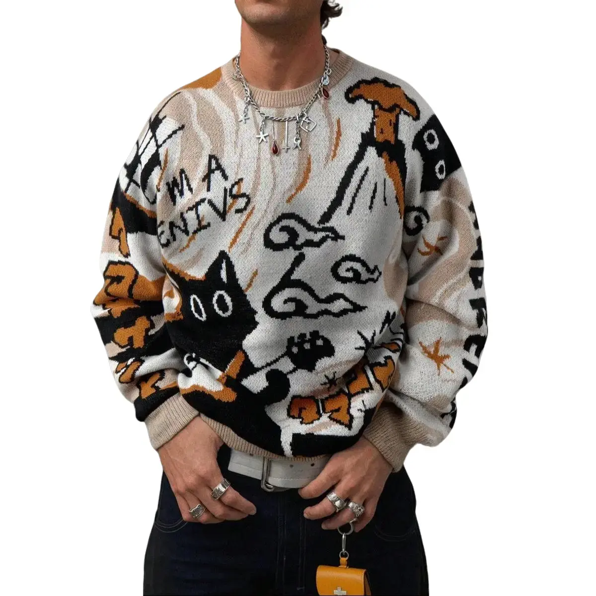 Men's Aesthetic Long-Sleeve Knit Sweater - Crew Neck, Cartoon Pattern, Loose-Fit, Korean-Inspired, Warmth, Autumn Winter Casual School Wear Unisex Tops, Knitwear