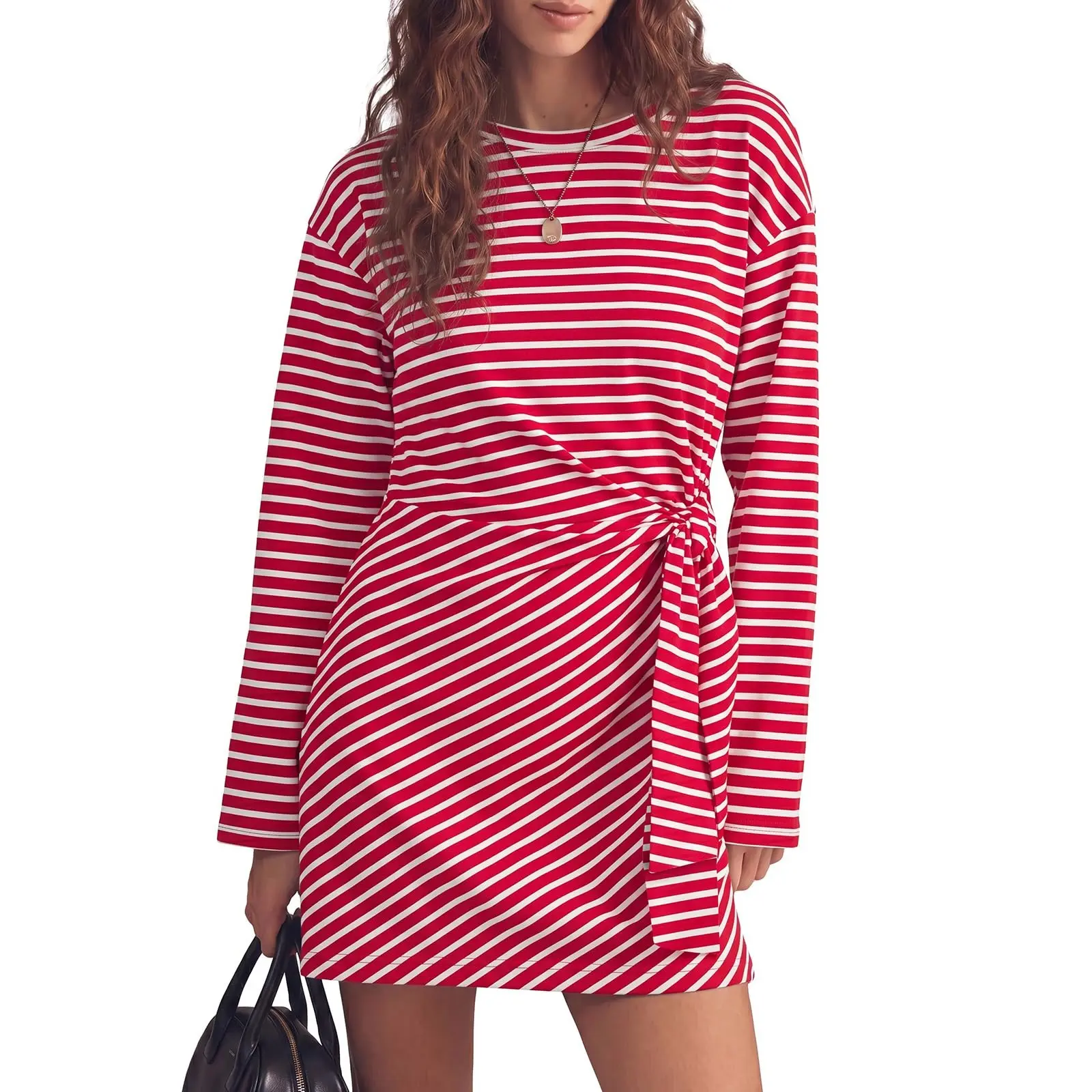 Fisoew Women’s Striped Long-Sleeve Crew Neck Bodycon Mini Dress, Casual Tie-Waist Slim-Fit Fall Dress