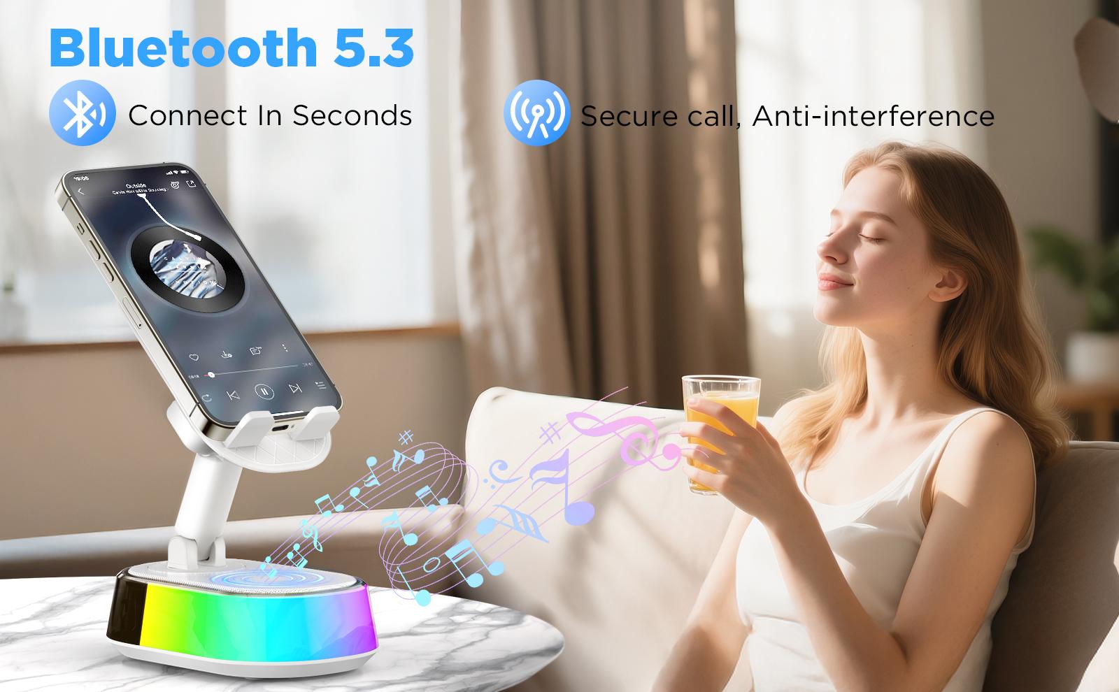 Wireless Induction Audio Speaker Stand, 5in1 Cellphone Holder,  Rechargeable Emergency Power Bank,360° Adjustable Mobile Tablet Stand with Colorful Ambient Light Gifts for Men Women