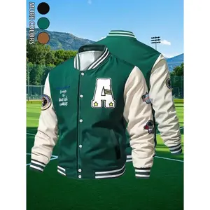 Men's Colorblock Letter Patched Pocket Button Front Varsity Jacket, Regular Fit Casual Waterproof Warm Long Sleeve Baseball Collar Outerwear for Spring & Fall, Fashion Men's Clothes for Daily Wear