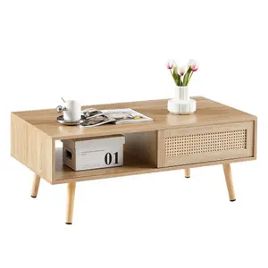 41.34" Rattan Coffee Table with Sliding Door Storage, Solid Wood Legs, Modern Living Room Accent Table, Natural Finish