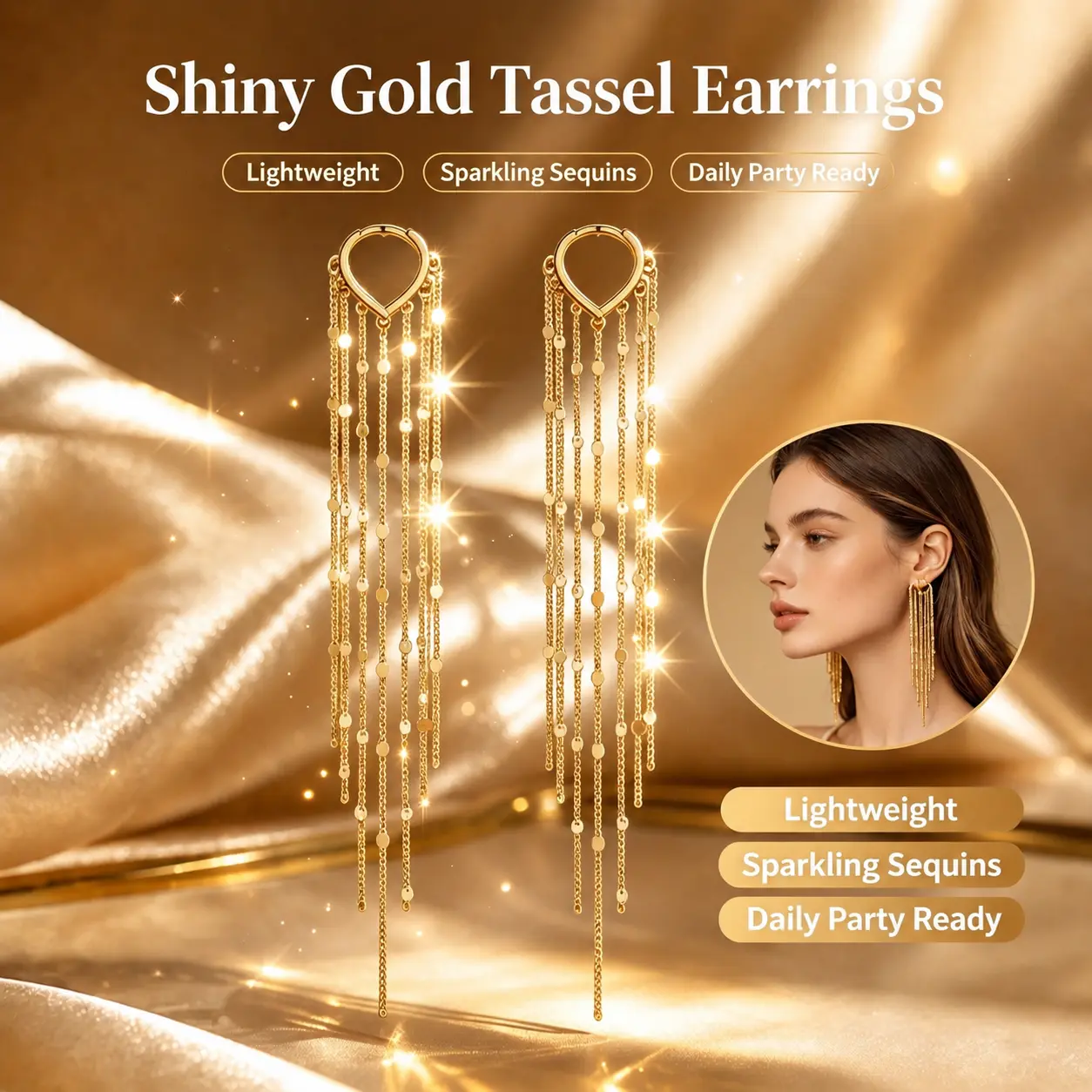 Gold Plated Long Tassel Drop Earrings for Women, Hypoallergenic Sequined Chains with Heart-Clasp, Face-Slimming Jewelry for Wedding Glam, Gold Aesthetic, Female, Birthday fashion dangle, Accessories For Women, Elegant, Gold Heart Earrings