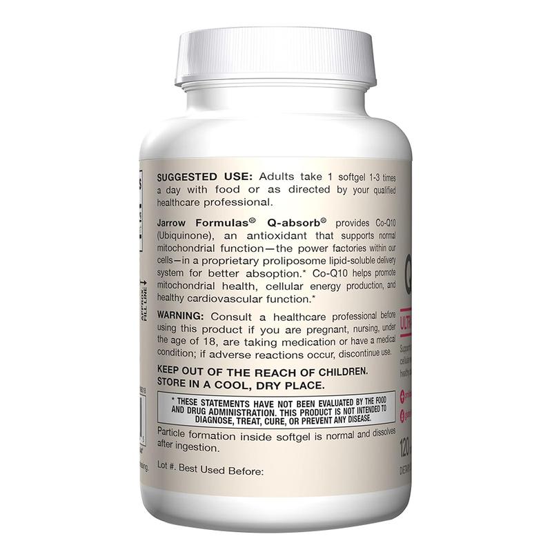 Jarrow Formulas Q-absorb Ubiquinone Co-Q10 100 mg, Dietary Supplement, Antioxidant Support for Mitochondrial Health, Cellular Energy Production and Cardiovascular Health, 120 Softgels, 120 Day Supply